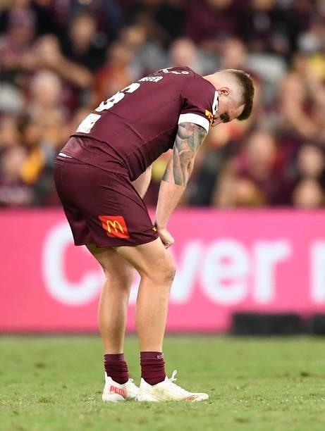 Cameron Munster of the Maroons looks dejected after losing game one of the 2021 State of Origin series between the New South Wales Blues and the...
