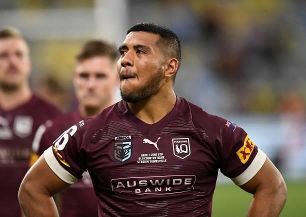 Moeaki Fotuaika of the Maroons walks from the field after losing game one of the 2021 State of Origin series between the New South Wales Blues and...