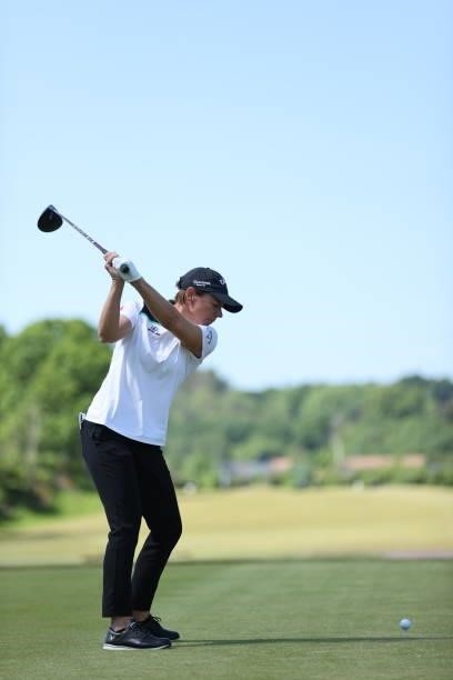 Annika Sorenstam of Sweden tees off on the first hole in the pro am ahead of the Scandinavian Mixed Hosted by Henrik and Annika at Vallda Golf &...