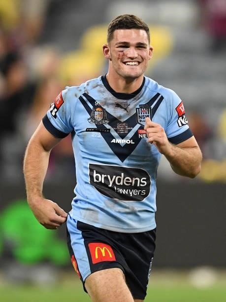 Nathan Cleary of the Blues celebrates after winning game one of the 2021 State of Origin series between the New South Wales Blues and the Queensland...