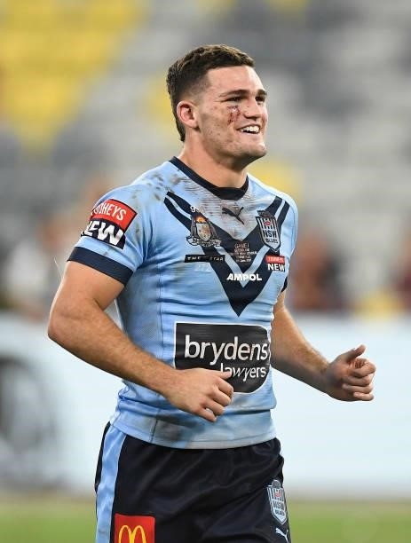 Nathan Cleary of the Blues celebrates after winning game one of the 2021 State of Origin series between the New South Wales Blues and the Queensland...