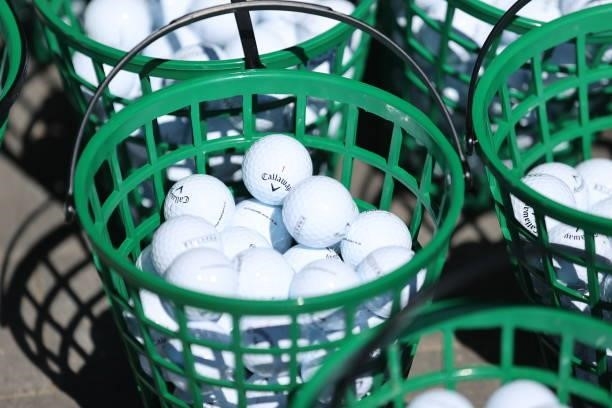 Callaway golf balls are pictured on the range ahead of the Scandinavian Mixed Hosted by Henrik and Annika at Vallda Golf & Country Club on June 09,...