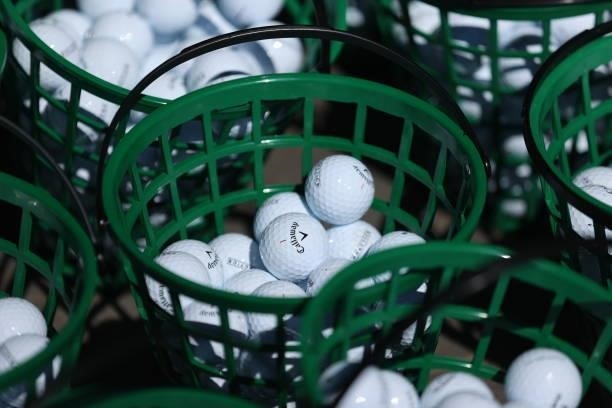 Callaway golf balls are pictured on the range ahead of the Scandinavian Mixed Hosted by Henrik and Annika at Vallda Golf & Country Club on June 09,...