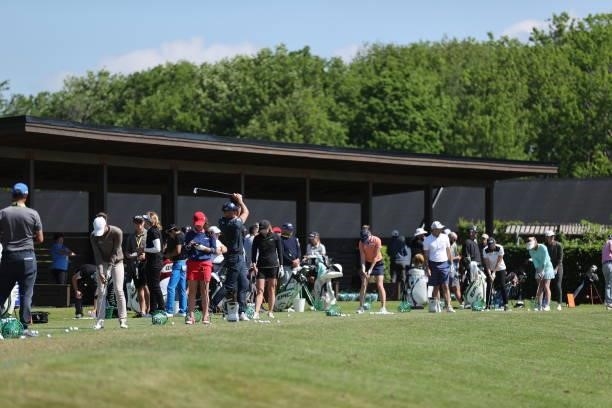 Competitors practice on the range ahead of the Scandinavian Mixed Hosted by Henrik and Annika at Vallda Golf & Country Club on June 09, 2021 in...