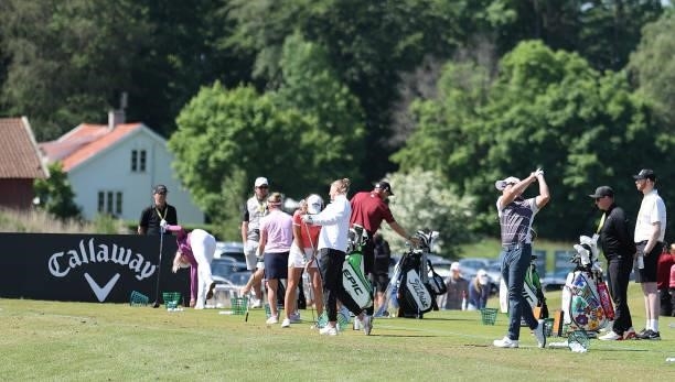 Competitors practice on the range ahead of the Scandinavian Mixed Hosted by Henrik and Annika at Vallda Golf & Country Club on June 09, 2021 in...