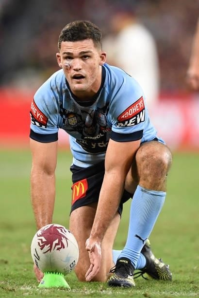 Nathan Cleary of the Blues prepares for a conversion during game one of the 2021 State of Origin series between the New South Wales Blues and the...