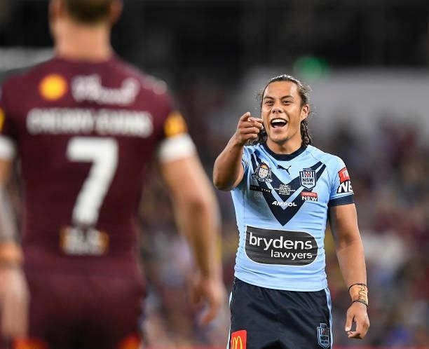Jarome Luai of the Blues points at Daly Cherry-Evans of the Maroons during game one of the 2021 State of Origin series between the New South Wales...