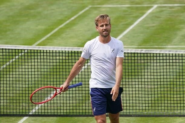 Peter Gojowczyk of Germany celebrates after winning his match against Ilga Ivashka of Belarus during day 3 of the MercedesCup at Tennisclub...