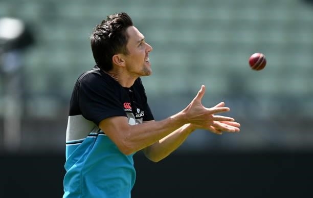 Trent Boult of New Zealand catches during a nets session at Edgbaston on June 09, 2021 in Birmingham, England.