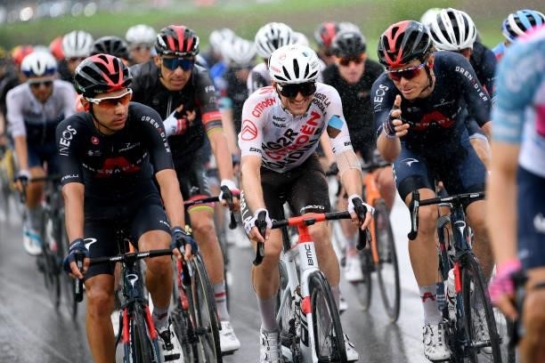 Mathias Frank of Switzerland and AG2R Citröen Team & Rohan Dennis of Australia and Team INEOS Grenadiers during the 84th Tour de Suisse 2021, Stage 4...