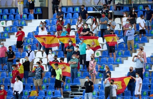 Fans of Spain U21 cheer during the international friendly match between Spain U21 and Lithuania at Estadio Municipal de Butarque on June 08, 2021 in...