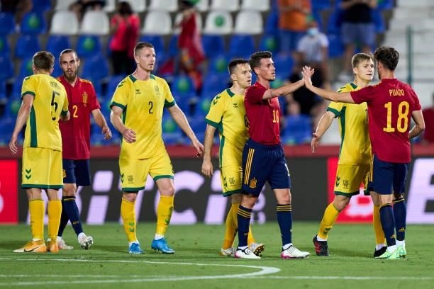 Antonio Blanco adn Javi Puado of Spain U21 salutes after the game during the international friendly match between Spain U21 and Lithuania at Estadio...