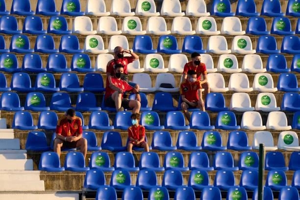 Fans of Spain U21 look on from the stands during the international friendly match between Spain U21 and Lithuania at Estadio Municipal de Butarque on...
