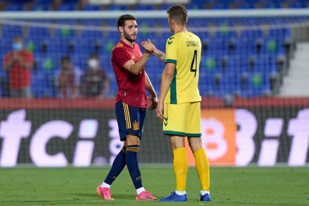 Abel Ruiz of Spain U21 salutes with Girdvainis of Lithuania after the game during the international friendly match between Spain U21 and Lithuania at...