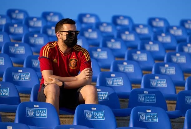 Fan of Spain U21 looks on from the stands during the international friendly match between Spain U21 and Lithuania at Estadio Municipal de Butarque on...