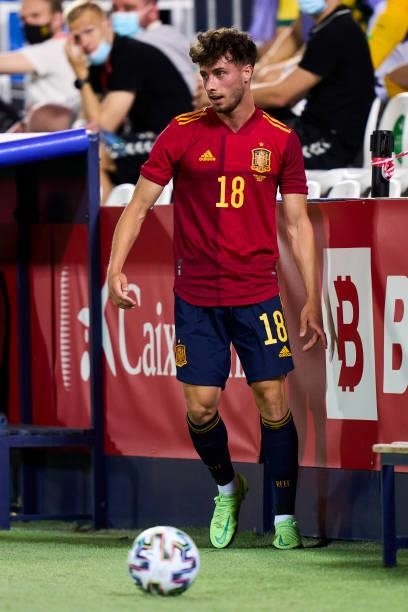 Javi Puado of Spain U21 looks on during the international friendly match between Spain U21 and Lithuania at Estadio Municipal de Butarque on June 08,...