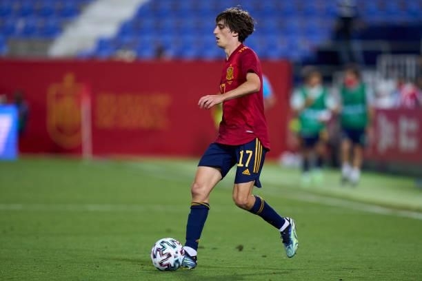 Bryan Gil of Spain U21 looks on during the international friendly match between Spain U21 and Lithuania at Estadio Municipal de Butarque on June 08,...