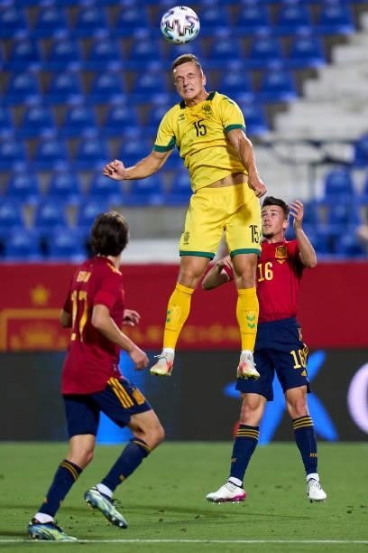 Antonio Blanco of Spain U21 battle for the ball with Deimantas Petravicius of Lithuania during the international friendly match between Spain U21 and...