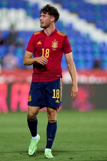 Javi Puado of Spain U21 reacts during the international friendly match between Spain U21 and Lithuania at Estadio Municipal de Butarque on June 08,...
