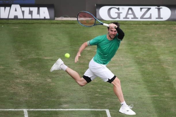 Dominik Koepfer of Germany plays a forehand during his match against Jurij Rodionov of Austria during day 3 of the MercedesCup at Tennisclub...