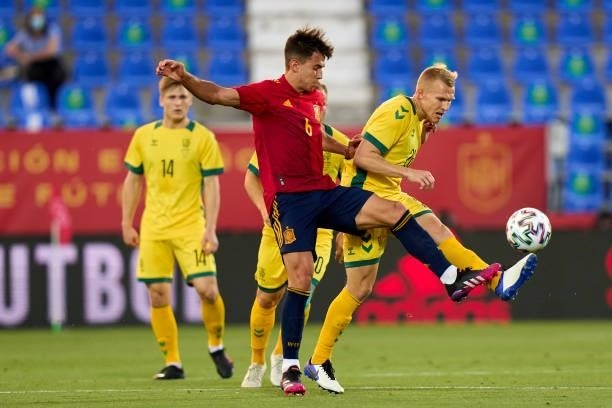 Martin Zubimendi of Spain U21 battle for the ball with Verbickas of Lithuania during the international friendly match between Spain U21 and Lithuania...