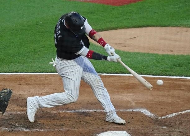 Yasmani Grandal of the Chicago White Sox hits a single against the Toronto Blue Jays at Guaranteed Rate Field on June 08, 2021 in Chicago, Illinois.