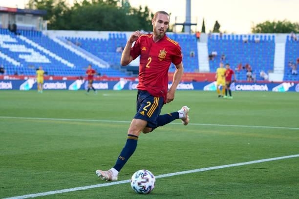 Oscar Mingueza of Spain U21 runs with the ball during the international friendly match between Spain U21 and Lithuania at Estadio Municipal de...
