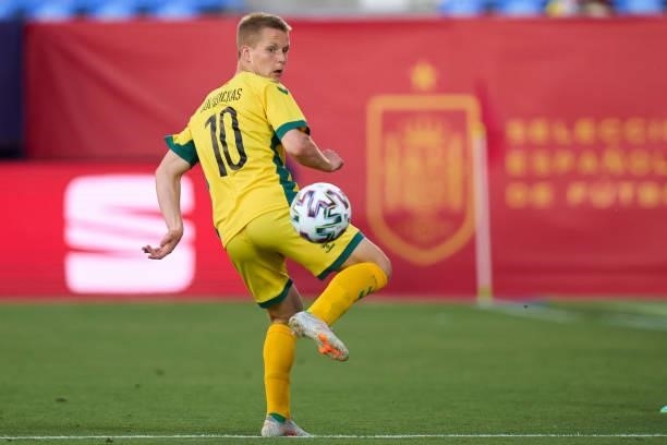 Golubickas of Lithuania in action during the international friendly match between Spain U21 and Lithuania at Estadio Municipal de Butarque on June...