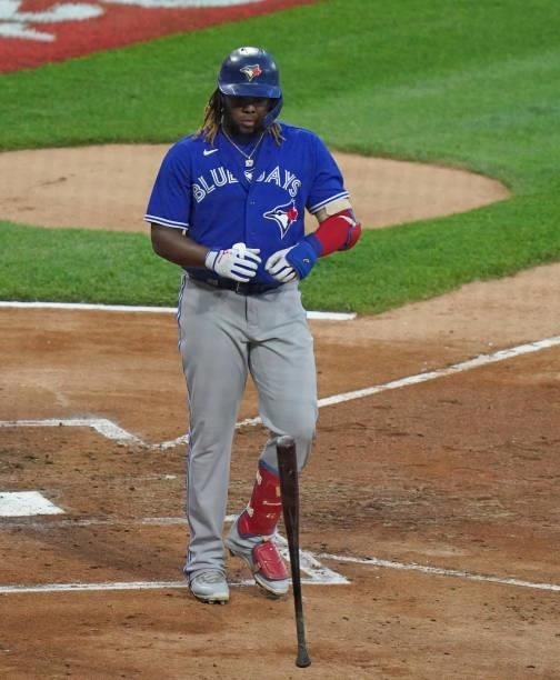 Vladimir Guerrero Jr. #27 of the Toronto Blue Jays walks during the third inning of a game against the Chicago White Sox at Guaranteed Rate Field on...