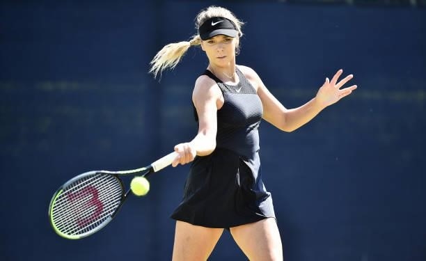 Katie Boulter of Great Britain plays a forehand shot against Marie Bouzkova Czech Republic in the Women’s singles on day five of the Viking Open at...