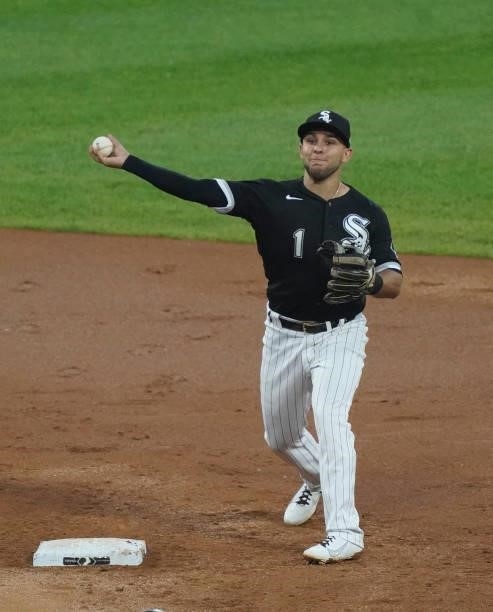 Nick Madrigal of the Chicago White Sox throws to first base during a game against the Toronto Blue Jays at Guaranteed Rate Field on June 08, 2021 in...