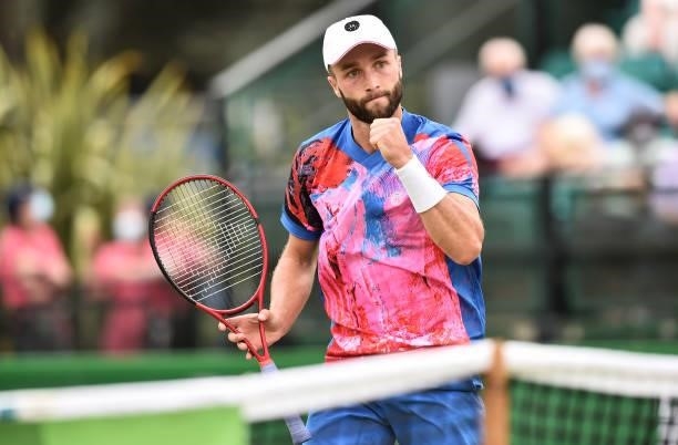 Liam Broady of Great Britain celebrates a point against Denis Kudla of United States in the Men’s Single on day five of the Viking Open at Nottingham...