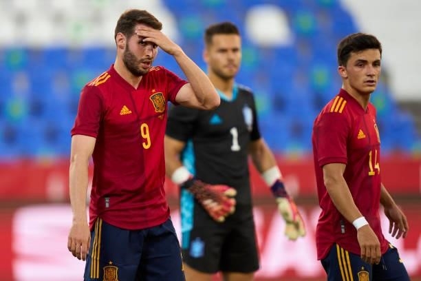 Abel Ruiz of Spain U21 reacts during the international friendly match between Spain U21 and Lithuania at Estadio Municipal de Butarque on June 08,...