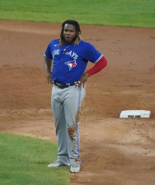 Vladimir Guerrero Jr. #27 of the Toronto Blue Jays reacts after being out at second during the third inning of a game against the Chicago White Sox...