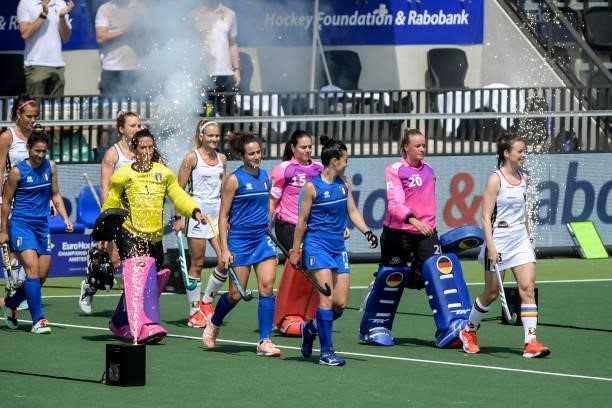 Chiara Tiddi of Italy, goalkeeper Julia Sonntag of Germany and Amelie Wortmann of Germany during the Euro Hockey Championships match between Germany...