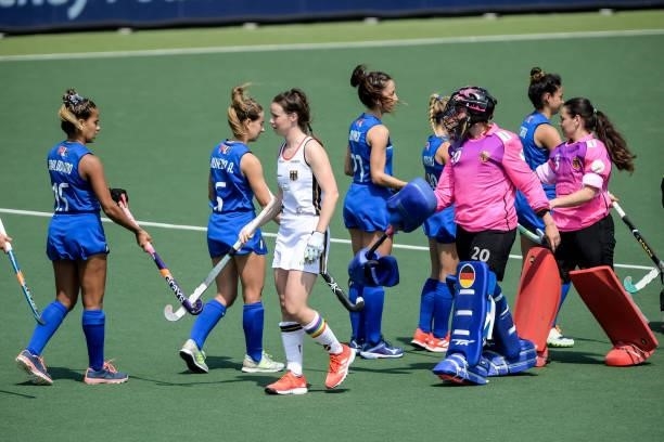 Sofia Maldonado of Italy, Amelie Wortmann of Germany and goalkeeper Julia Sonntag of Germany during the Euro Hockey Championships match between...