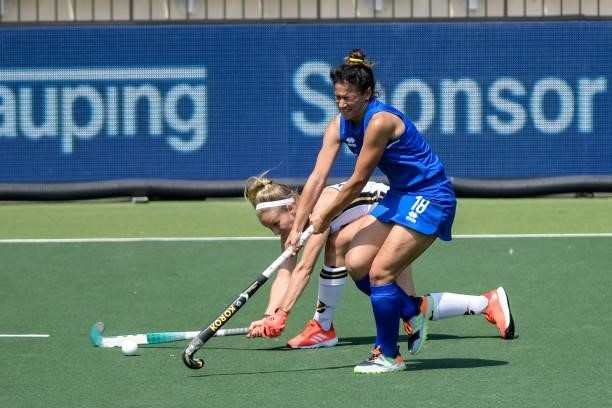 Kira Horn of Germany and Federica Carta of Italy during the Euro Hockey Championships match between Germany and Italy at Wagener Stadion on June 9,...