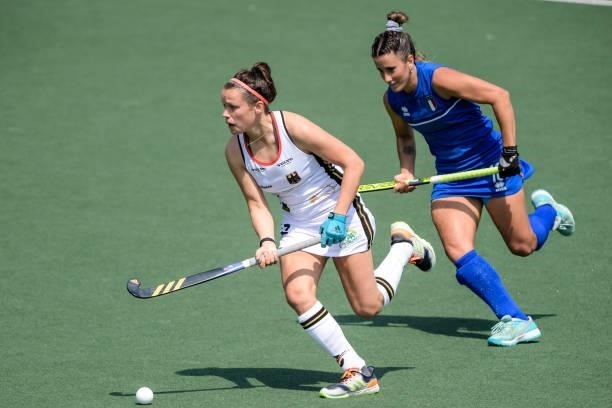 Charlotte Stappenhorst of Germany and Pilar De Biase of Italy during the Euro Hockey Championships match between Germany and Italy at Wagener Stadion...