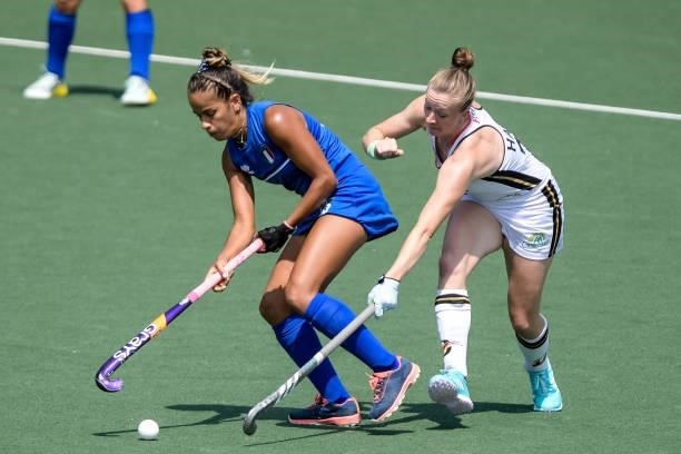 Sofia Maldonado of Italy and Franzisca Hauke of Germany battle for possession during the Euro Hockey Championships match between Germany and Italy at...