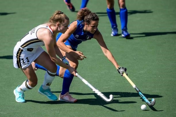 Lena Micheel of Germany and Luciana Fernandez of Italy during the Euro Hockey Championships match between Germany and Italy at Wagener Stadion on...
