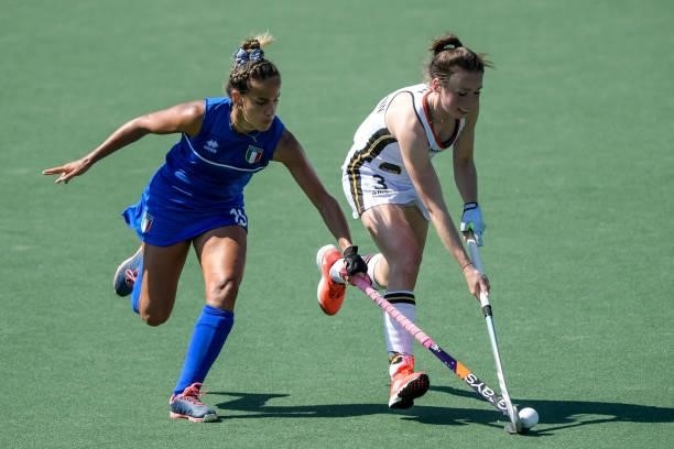 Sofia Maldonado of Italy and Amelie Wortmann of Germany during the Euro Hockey Championships match between Germany and Italy at Wagener Stadion on...