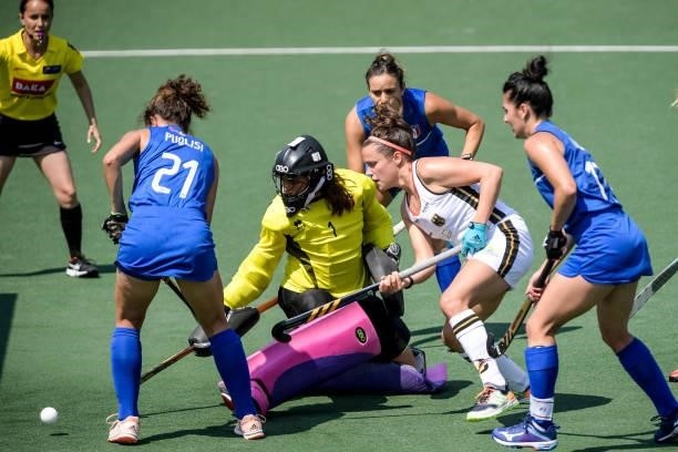 Sara Puglisi of Italy, Sofia Monserrat of Italy and Charlotte Stappenhorst of Germany during the Euro Hockey Championships match between Germany and...