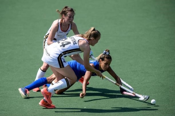 Pia Maertens of Germany, Amelie Wortmann of Germany and Sofia Maldonado of Italy during the Euro Hockey Championships match between Germany and Italy...