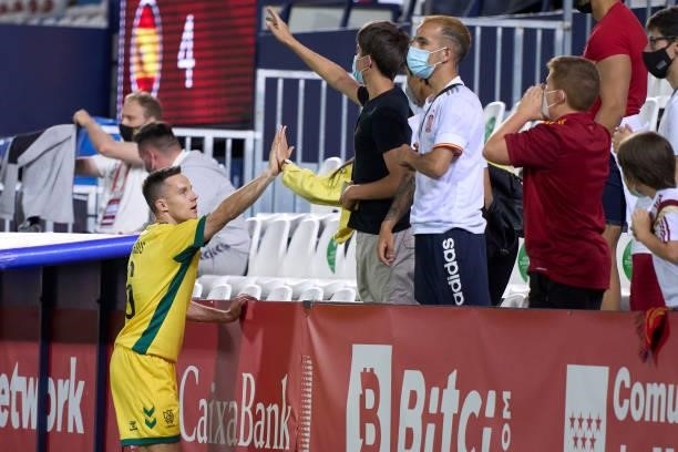 Tautvydas Eliosius of Lithuania gives his jersey to the fans after the game during the international friendly match between Spain U21 and Lithuania...