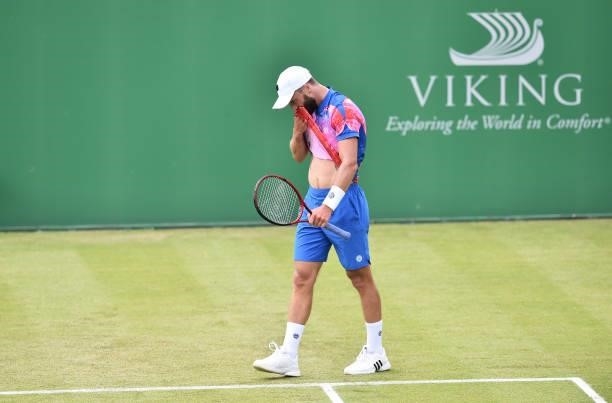 Liam Broady of Great Britain reacts as he plays against Denis Kudla of United States in the Men’s Single on day five of the Viking Open at Nottingham...