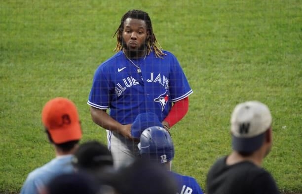 Vladimir Guerrero Jr. #27 of the Toronto Blue Jays reacts at the end of the third inning of a game against the Chicago White Sox at Guaranteed Rate...