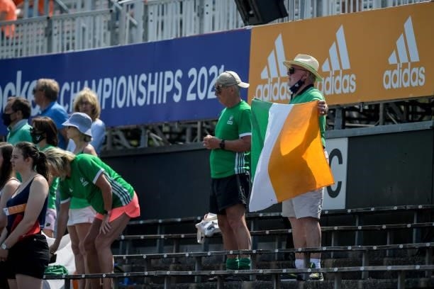 Fans of Ireland during the Euro Hockey Championships match between Ireland and Spain at Wagener Stadion on June 9, 2021 in Amstelveen, Netherlands