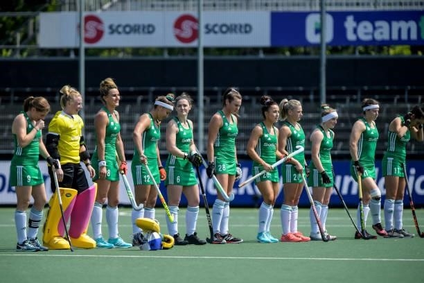 Roisin Upton of Ireland lines up with her team mates during the Euro Hockey Championships match between Ireland and Spain at Wagener Stadion on June...