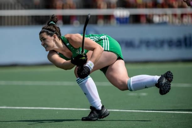 Roisin Upton of Ireland shoots to score from a penalty corner during the Euro Hockey Championships match between Ireland and Spain at Wagener Stadion...