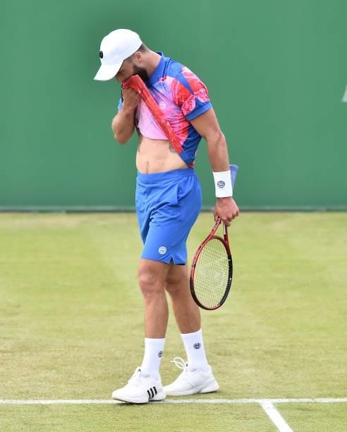 Liam Broady of Great Britain reacts as he plays against Denis Kudla of United States in the Men’s Single on day five of the Viking Open at Nottingham...
